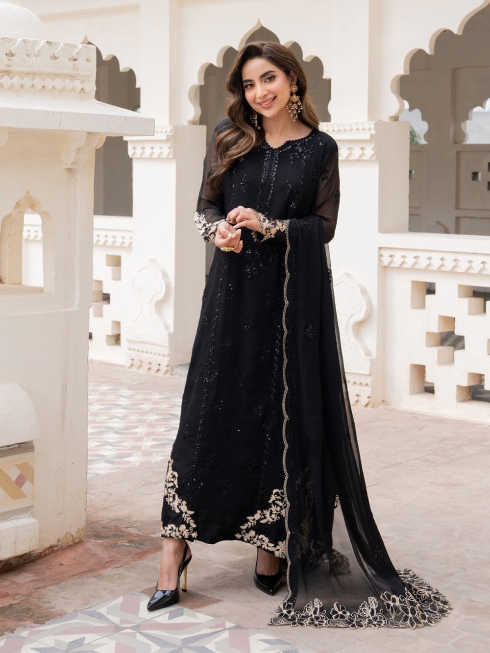 Elegant Black Embroidered Women's Dress with Dupatta